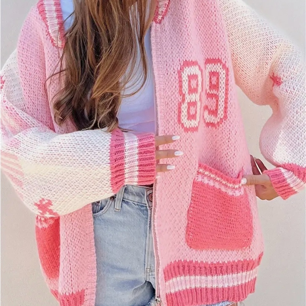 LAST ONE Pink and White Oversized Cardigan with Sporty Accents
